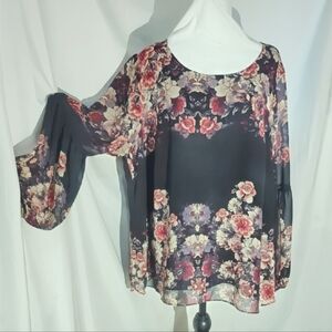 Floral Chiffon Blouse - Black and Pink 2X
